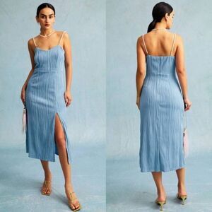 NWT RIHOAS The Wave Textured Pearl Strap Midi Dress Blue Sz S
